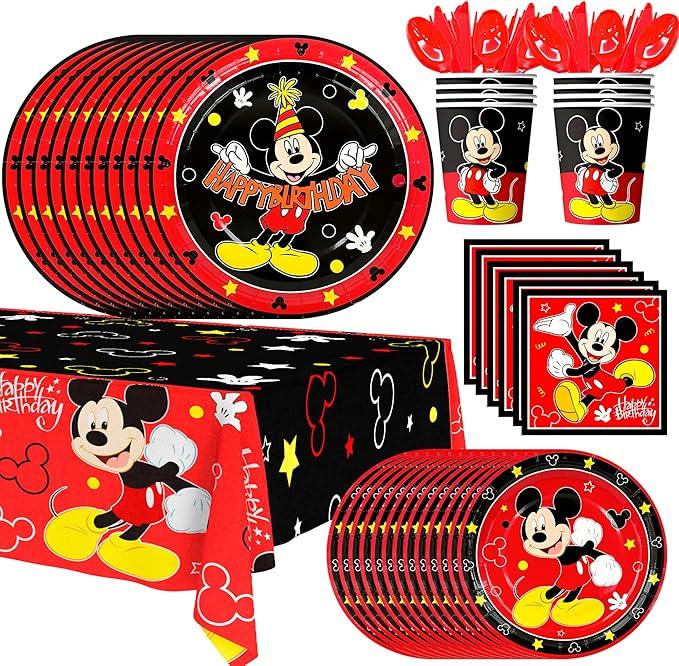 Mickey Mouse Birthday Decoration Tableware, 141 Pieces Mickey Mouse Party Set - Tablecloth Mickey Mouse Birthday Paper Plates Paper Cups Napkins etc. Mickey Party Tableware for Mickey Mouse Children's