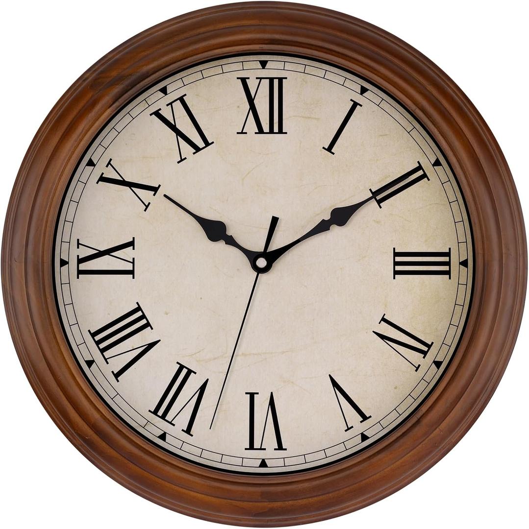 Foxtop Wood Wall Clock 14 Inch Silent Non-Ticking Battery Operated Large Retro Wooden Clock Decorative for Living Room Bedroom Kitchen Home Office (Roman Numerals)