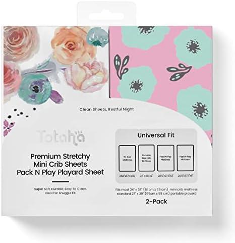 TotAha Premium Stretchy Pack N Play Playard Sheets | Mini Crib Sheets (2-Pack) -Hypoallergenic, Silky Comfort, Buttery Soft, Calming Effect, All-Season Jersey-Knit (Colorful Flora & Blue Flowers)