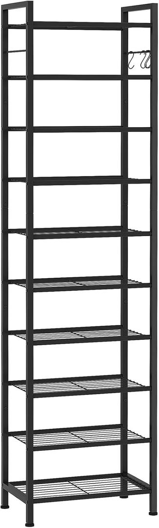 usikey 10 Tiers Narrow Shoe Rack 20-30 Pairs, Sturdy Metal Tall Shoe Rack Shelf with 4 Hooks, Slim Shoe Storage with Metal Shelf, Space Saving Vertical Shoe Organizer for Entryway, Closets, Black (10 Tier ( 17.9 x 11 x 69.2 inches))
