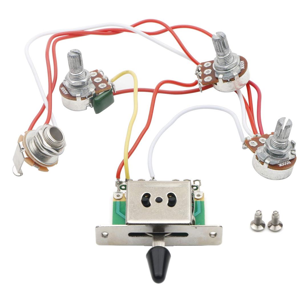Strat Guitar Wiring Harness Prewired 3X 500k Pots 1 Volume 2 Tone Control Knobs 5 Way Switch