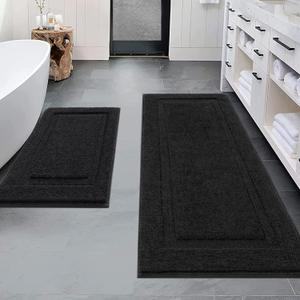SHACOS Super Soft Black Bathroom Runner Rugs Set of 2 Pieces 47x20 + 32x20 inch Non Slip Washable Bath Mats Fluffy Absorbent Bath Rugs for Bathroom Shower Tub