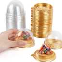 50Pcs Clear Plastic Mini Cake Box with Dome Lids, Mini Muffin Container Box Mooncake Dome Box Pastry Baking Packaging Boxes Wedding Birthday Gifts Supplies (Gold Base)