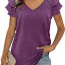 3 x T&Twenties Womens Summer Tops Ruffle Short Sleeve Tunic Tops V Neck Loose Fit Flowy T-Shirts (Purple, L)