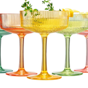 Shatterproof Acrylic Ribbed Vintage Art Deco Martini, Champagne & Cocktail Bright Pastels Color Plastic Tritan Coupe Glasses | Set of 5 | 8 oz Ripple Classic Cocktail Indoor & Outdoor, European Style