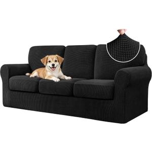 CHUN YI 7 Piece Couch Covers Sofa Covers Washable, Stretch Sofa Slipcovers for 3 Cushion Couch with Seperate Backrest and Cushion Covers, Anti Slip Furniture Protector for Dogs Pets (Large, Black)