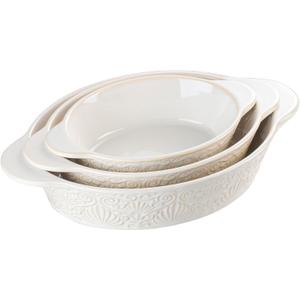 Dafuceramic Casserole Dishes for Oven Sets of 3, Ceramic Oval Baking Dish, Au Gratin Baking Pans with Handles for Roasting, Lasagna, Pie, Baking Meat & Vegetables (Beige White)