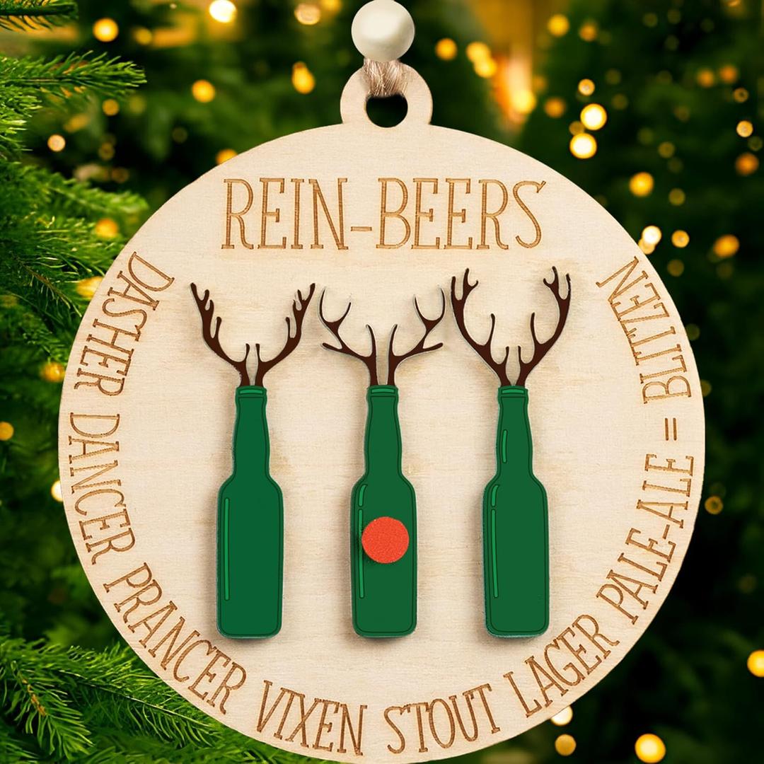 7 x Rein-Beers Christmas Ornament, Funny Wooden Ornament, Cowokers White Elephant Gift, for Men Friends, Funny Beer New Year Ideas 2024