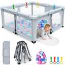 OCATO Baby Playpen: Foldable Playpen for Babies and Toddlers Large Play Pen Portable Playpen Fence Indoor Outdoor Kids Safety Area Travel Play Yard with 1 Storage Bag 4 Handlers 50 Balls (50"  50") (Light Grey)
