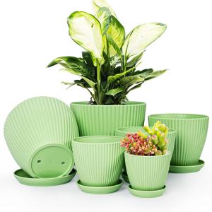 Plant Pots Indoor with Saucers & Drainage - 6 Pack Flower Pots - Plastic Planters for Indoor Planter - 7.5/6.6/5.8/5.0/4.3/3.5 inches Sizes for All Different Types of Plants-Light Green