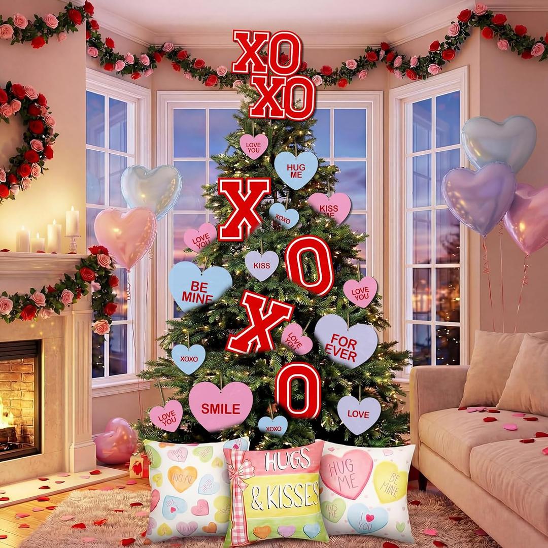 17 Pcs Valentines Day Conversation Hearts Tree Ornament Extra Large Sweet Candy Conversation Heart Tree Ornaments Be Mine Kiss Me Love Forever Heart Cut Outs for Valentine Home Decor