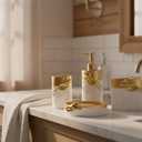 Hymmah Bathroom Accessories Set,Golden Design Toothbrush Holder,Farmhouse Bathroom Decor,4 Pcs Resin Gift Set Apartment Necessities, Contain Toothbrush Cup,Soap Dispenser,Soap Dish,Tumbler