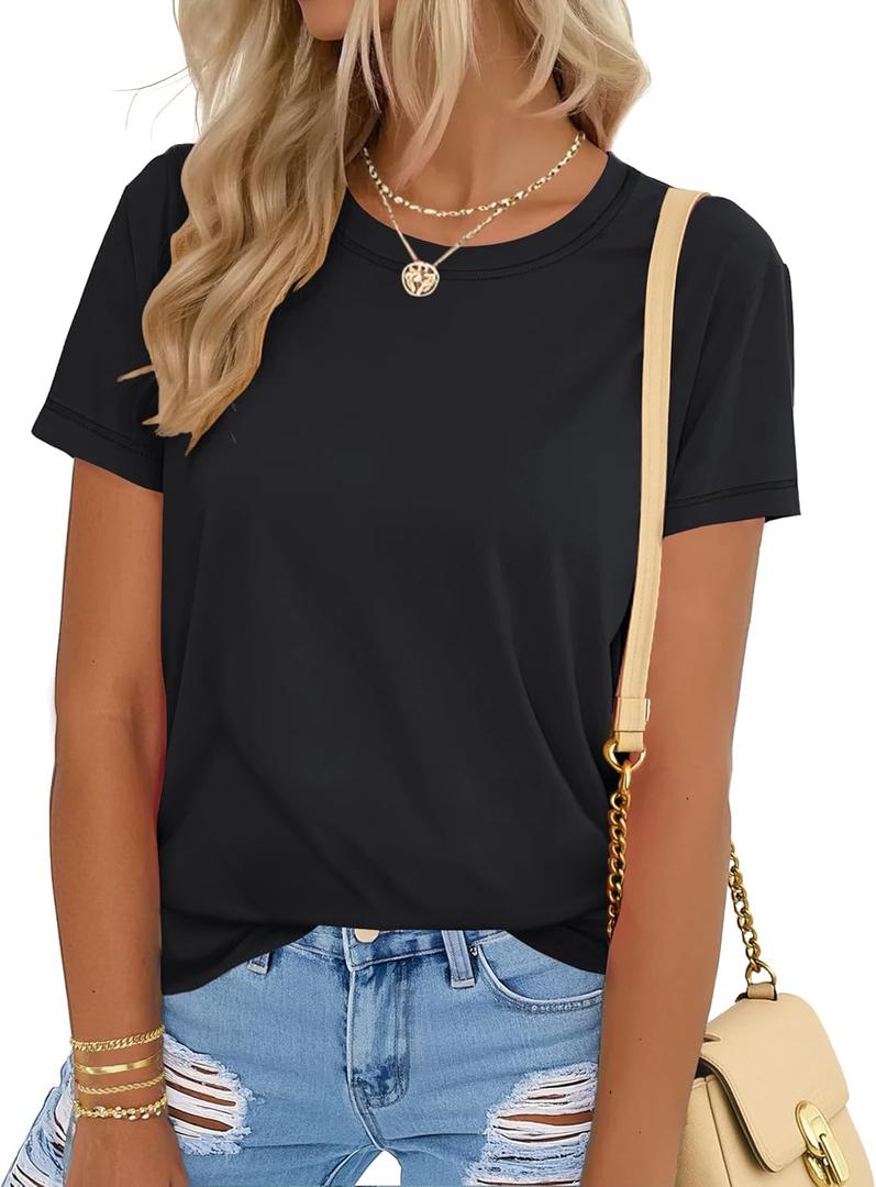 YUCOLEN Women's Cotton Short Sleeve Shirts UPF 50+ Soft Breathable Crew Neck T-Shirts Basic Tops (X-Large, Black)