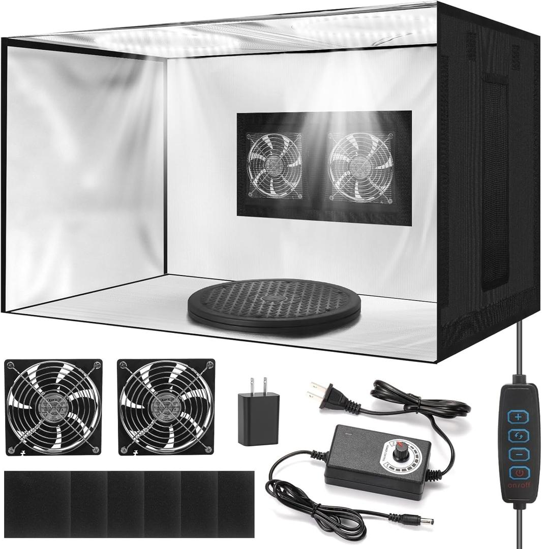 Portable Airbrush Spray Booth with Dual Exhaust Fans,Airbrush Paint Booth with Adjustable LED Lights & 360Turntable - Foldable Airbrush Booth for Hobby,Model Painting,Makeup and Art Crafts,Black
