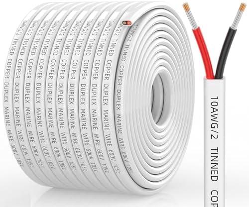 CONEPY 10 Gauge Marine Wire, 10/2 Duplex Marine Grade Cable, IP68 Waterproof/Oxygen-Free Tinned Copper Stranded PVC 10 AWG Wire for Boat, Automotive, RV, Solar, LED Strips (100FT/30M)