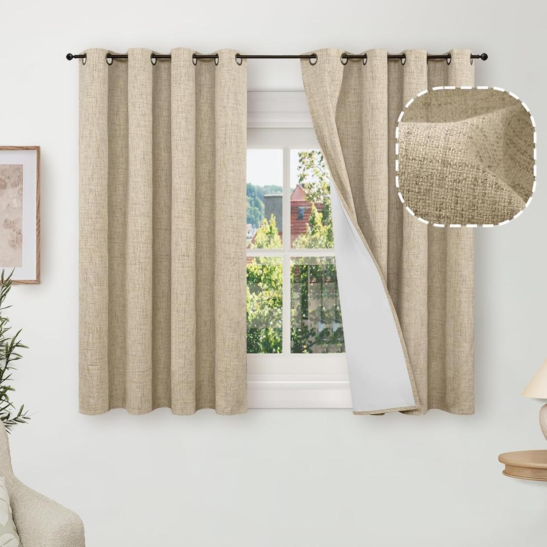 Short Blackout Curtains 45 Inch Length 2 Panels, Thermal Insulated Total Light Blocking Linen Window Curtains for Farmhouse Bedroom Basement, Bronze Grommet, Burlap, Each 52" Wide