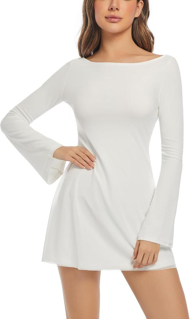 Women's Long Sleeve Dress Flare Mini Dresses Blackless Party Club Dress (X-Large, White)