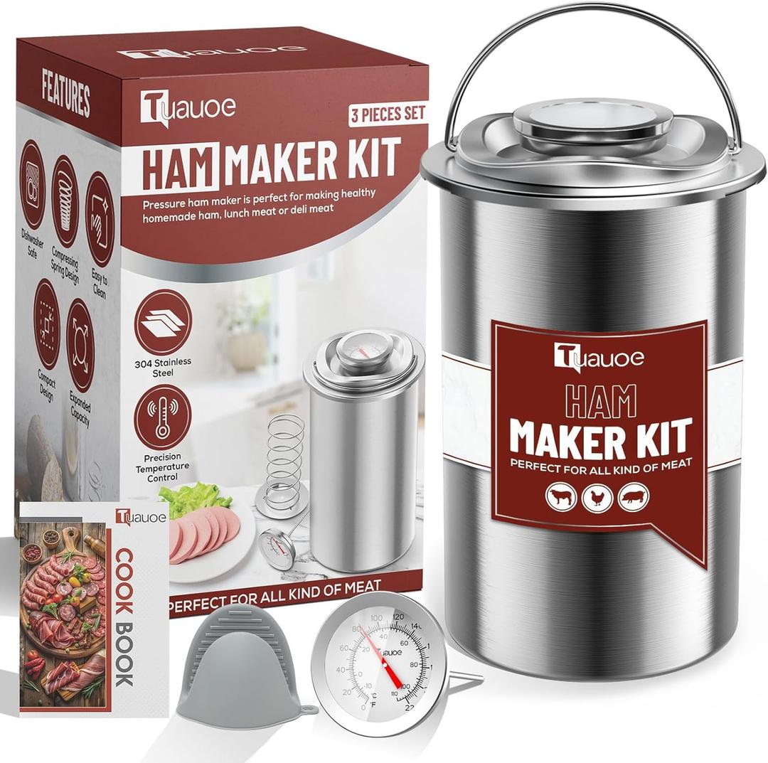 Meat Press Mold for Deli Meats, Stainless Steel Ham Press Mold with Thermometer & Silicone Kitchen Mittens for Making Homemade Healthy Deli Poultry Patty, Funny Kitchen Gift for Women and Men (Gray)