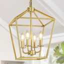 4 Light Gold Chandelier, Industrial Ceiling Light Lantern Light Fixtures with Farmhouse Metal Cage Adjustable Height Rustic Geometric Hanging Light E12 Base for Kitchen Island, Entryway, Indoor
