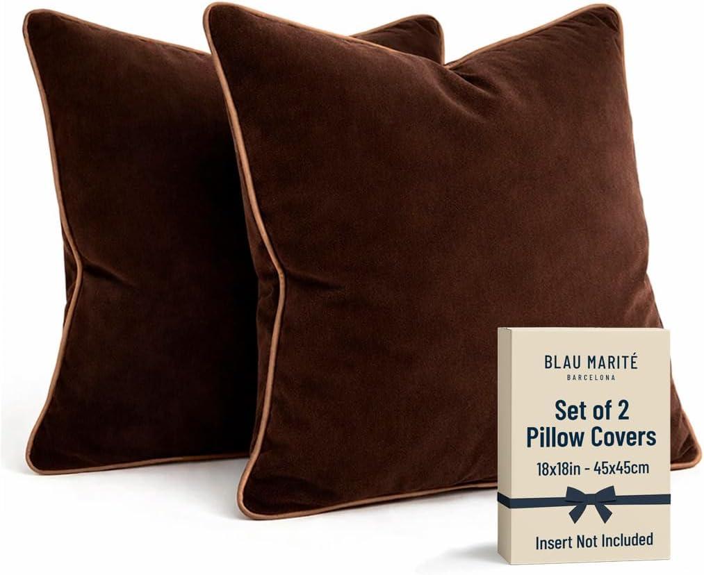 2 Pack Velvet Decorative Throw Pillow Covers, 18"x18", Brown and Camel, Solid, Modern, Contrast Piping, Indoor Use, Bedroom & Living Room