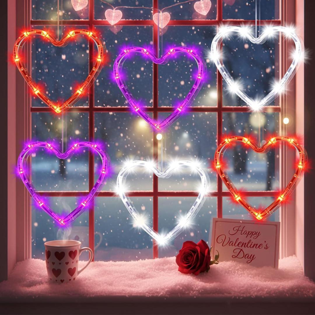 Huquary 6 Pcs Valentine's Day Window Lights Heart Suction Cup Light LED Window Decor Light 6.3 Inch Color Hanging Heart Shaped Suitable for Wedding Anniversary Home Party Decorations Table(3 Colors) (pink, white, red)