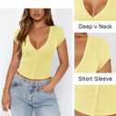 Women's Ribbed Button Down Shirt Cap Sleeve Tops for Women Button Up Knit Slim Fit Casual Y2K Crop Going Out Top (Yellow, S)