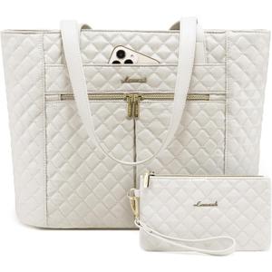 LOVEVOOK Laptop Bag for Women 17 inch, Diamond Quilted Work Tote Bags Womens Laptop Tote Bag Computer Shoulder Bags, Stylish Travel Tote Bags Laptop Purse Briefcase Handbag with Clutch Purse, Off-white