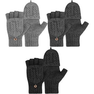 SATINIOR 3 Pairs Winter Fingerless Wool Gloves Warm Knitted Convertible Mittens Flap Cover Texting Mittens for Women Men (Multicolored)