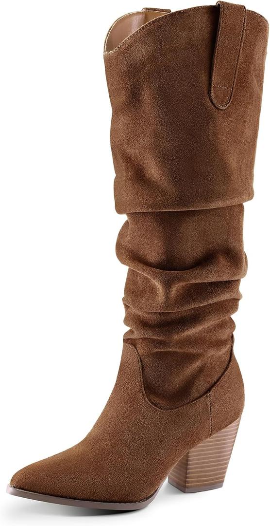 mysoft Women's Cowboy Knee-High Boots Pointed Toe Mid Chunky Heel Pull On Slouchy Boots with Zippers (7.5, Brown)