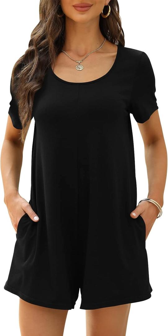 Womens Summer Casual Short Sleeve Romper Crewneck Shorts Overalls Jumpsuit with Pockets Outfits 2025 (Large, Black-1)
