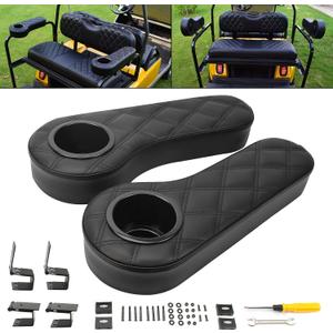 NOKINS Golf Cart Flip Armrest with Cup Holder, No Drilling Required, for Club Car/EZGo/Yamaha, Club Cart Armrest kit (Black Stitching)