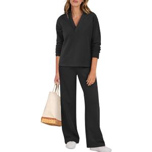 ANRABESS Lounge Sets for Women 2 Piece Outfits Sweatsuit Set Fall V Neck Sweatshirts Wide Leg Pants Tracksuits (Medium, Black)
