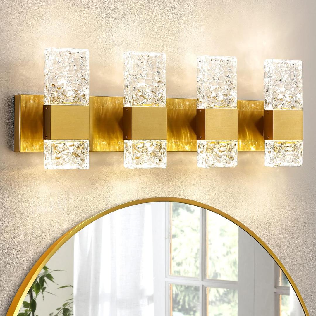 Gold Bathroom Vanity Light Fixtures - Brushed Gold Vanity Light Bathroom Lighting Fixtures Over Mirror 40W Dimmable Crystal Wall sconces 4 Light LED Modern Bathrooms Lights 4000K