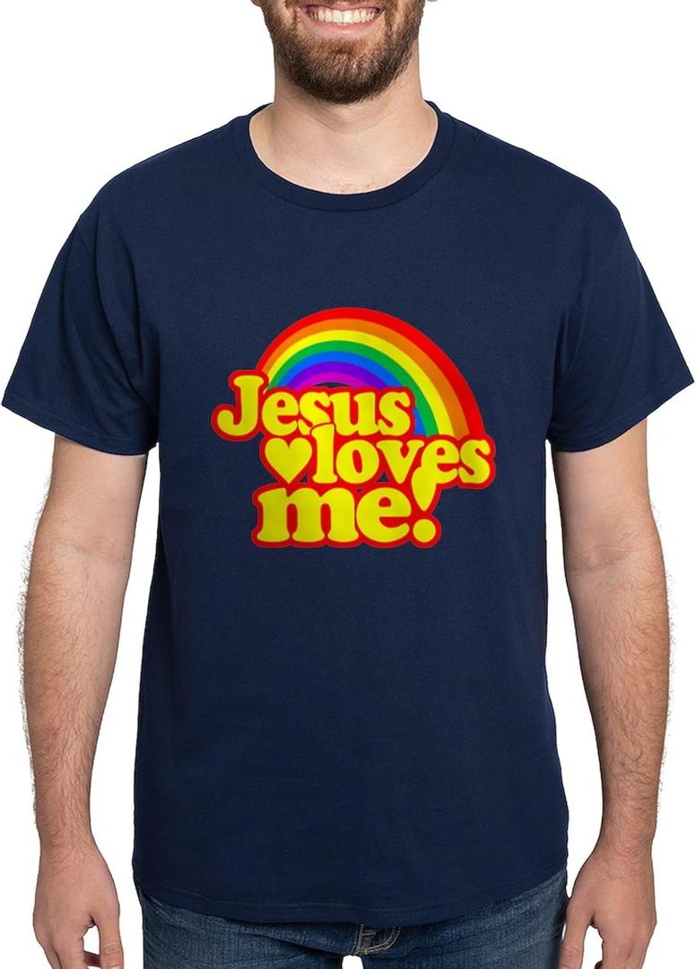 CafePress Jesus Loves Me Rainbow T Shirt Men's 100% Cotton, Classic Graphic Dark T-Shirt (Large, Navy)