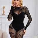 Women Fishnet Bodysuit Mesh Badydoll Soft Nightwear Lingerie One Piece Outfit (Black, S)