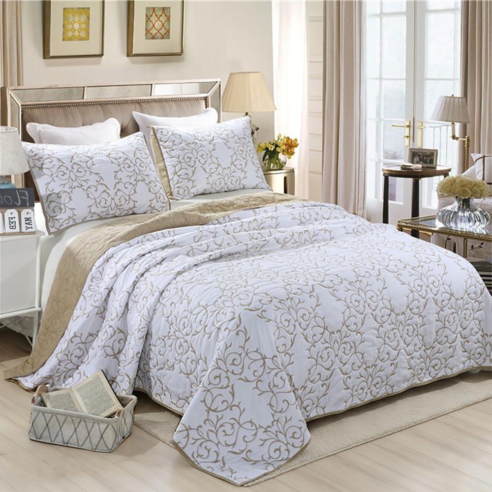 Sanracie Oversized King Bedspread(128"x120"), 100% Cotton Embroidery Pattern Quilt Set 3Pcs Extra Soft Lightweight Beige Colored California King Size Extra Large Wide Bedding Coverlet, Oversized King Plus