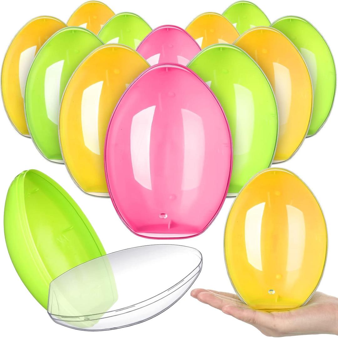 Leitee Jumbo Easter Eggs 12 Pcs Giant Fillable Plastic Colorful Clear Egg Shaped Containers for Filling Treats Easter Basket Stuffers for Prize Supplies (6'')