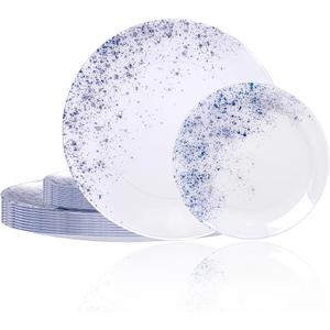 U-QE 20Pcs Blue Plastic Plates - Plastic Plates Disposable Heavy Duty, Fancy Indigo Speckle Pattern Perfect for Weddings, Tea Parties, Holidays - 10.25" Dinner & 7.5" Dessert