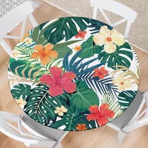 Round Fitted Tablecloth with Elastic Tropical Palm Leaves Outdoor Tablecloth Round Table Cover Waterproof Tablecloth for Kitchen Party Picnic Fits 44-48" Diameter Round Tables