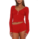 RUEWEY Womens Ribbed Knit Pajama Sets Long Sleeve Top and Shorts Matching Lounge Set PJ Set 2 Piece Outfits, Small