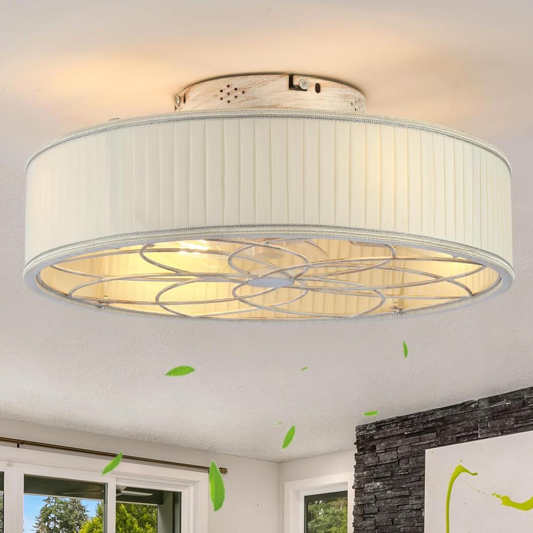 20" Caged Ceiling Fans with Lights Flush Mount,Low Profile Fabric Farmhouse Ceiling Fan with Remote Control, Boho Bladeless with 6 Speeds Reversible for Bedroom, Living Room (Ivory)