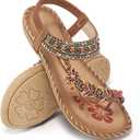Ablanczoom Flat Sandals for Women Summer: Casual Boho Beaded Toe Ring Dress Shoes - Comfortable Vacation Daily Walking Shoes