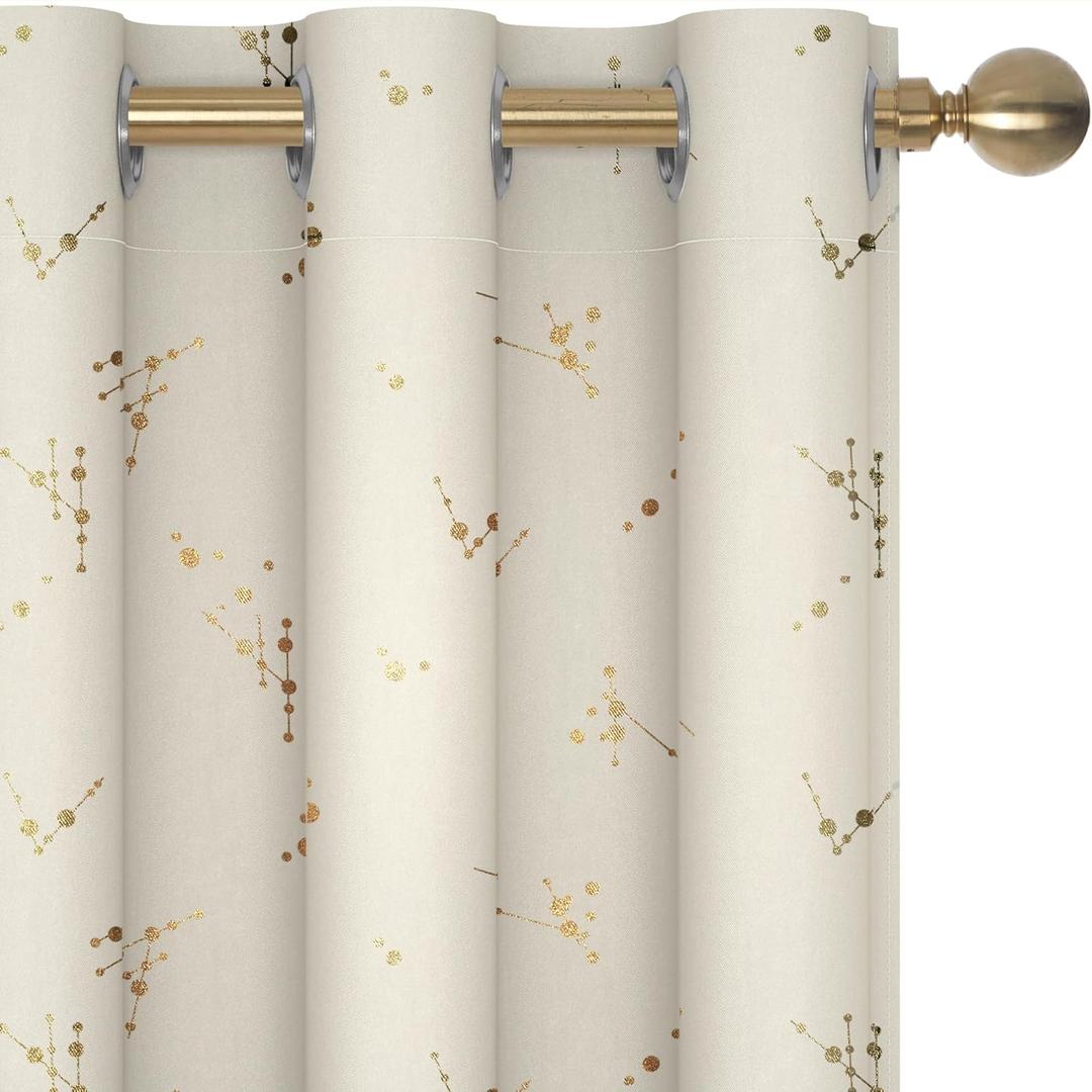 Deconovo Blackout Curtains, Gold Foil Print,Thermal Insulated, Noise-Reducing Grommet Drapes for Bedroom & Living Room, 2 Drapes, Soft Drape, Room-Darkening Window Panels, Light Beige, 42x54 Inch