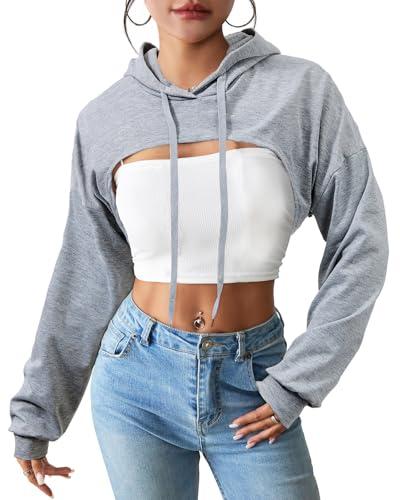 Womens Long Sleeve Super Cropped Hoodie Pullover Crop Sweatshirts Sexy Workout Gym Drawstring Top (Gray, Small)