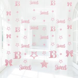 2 x Pink Rose Gold Sweet 13 Decorations for Girls Kit,Pre-Strung 13th Glitter Twinkle Stars, Bows & Number 13 Birthday Hanging Streamer Banner Supplies,Happy Thirteen Party Dcor Supplies