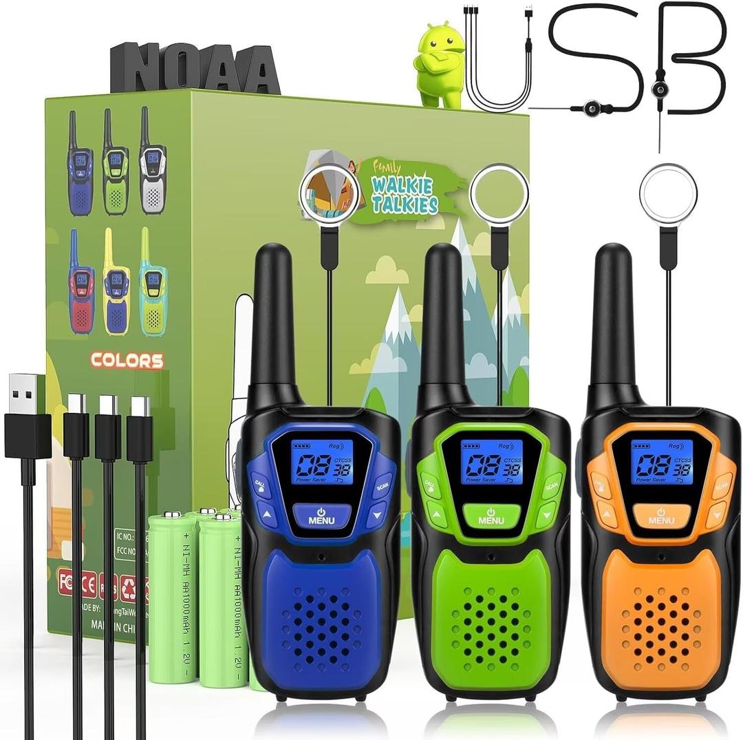 Walkie-Talkies for Kids Rechargeable Walkie Talkie for Adults Long Range FRS 2 Way Radio 3 Pack with Lanyard Battery NOAA USB, Family Toys for 3-12 Year Old Girls Boys Toddlers Camping (Blue Green Orange)