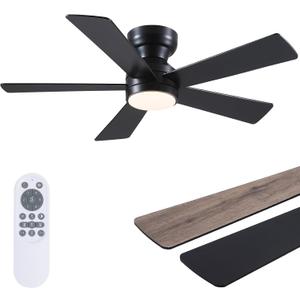Black Ceiling Fans with Lights - 46" Flush Mount Ceiling Fan with Remote and 5 Reversible Blades, 3CCT Dimmable, 6 Wind Speeds&2H Timer, Indoor Low Profile Fan Light Fixture for Modern Bedroom