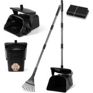 Stainless Steel Dog Pooper Scooper,40" Long Handle Swivel Bin and Rake,20 Waste Bags - Heavy Duty Portable Metal Poop Scooper for Large,Medium and Small Dogs