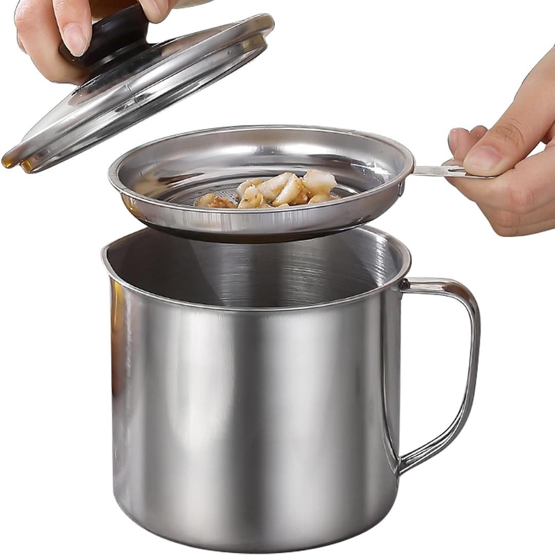 Stainless Steel Grease Containerwith Fine Mesh Strainerfor Kitchen Storing Frying Cooking Grease1.3L