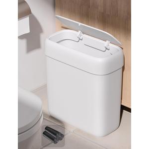 O-MART Small Slim Bathroom Trash Can with Lid, Press Top, Pet Proof Odor Seal, No Battery, Narrow Garbage Bin for Home Office RV, 2.8 Gallon,White,with 3 Rolls of Trash Bags.